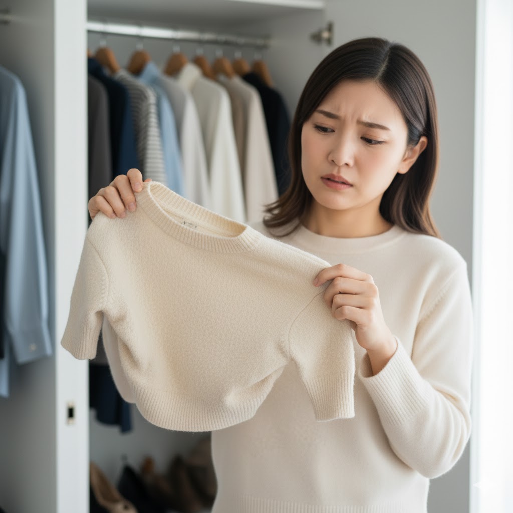 洗濯に失敗して子供服のように小さく縮んでしまい、型崩れしたウールのセーターを持つ絶望的な手元。