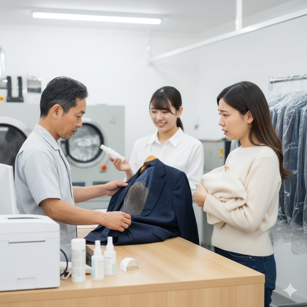 清潔なクリーニング店のカウンターで、専門スタッフに衣類のシミについて相談し、適切なケアを依頼している日本人女性客。