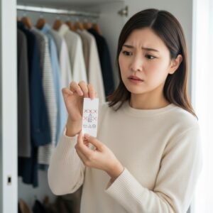 洗濯表示が全部バツの衣類のタグを見て、クローゼットの前で洗い方に困っている日本人女性。