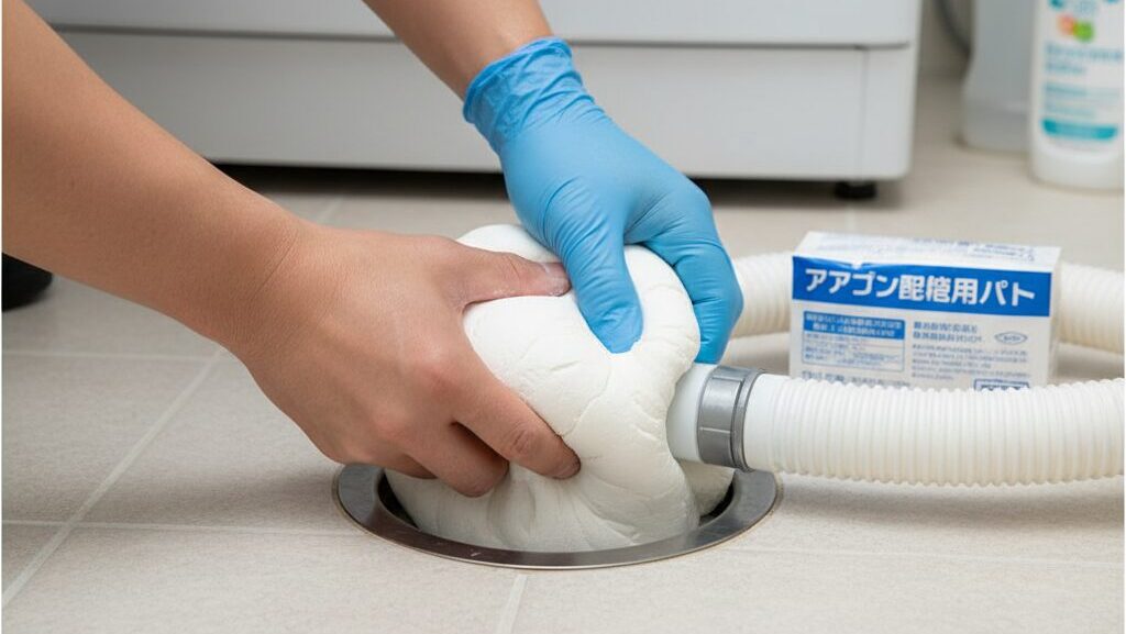 洗濯機の排水ホースと床の排水溝の隙間に、白いエアコン配管用パテを詰めて物理的に塞いでいる日本人男性の手元。