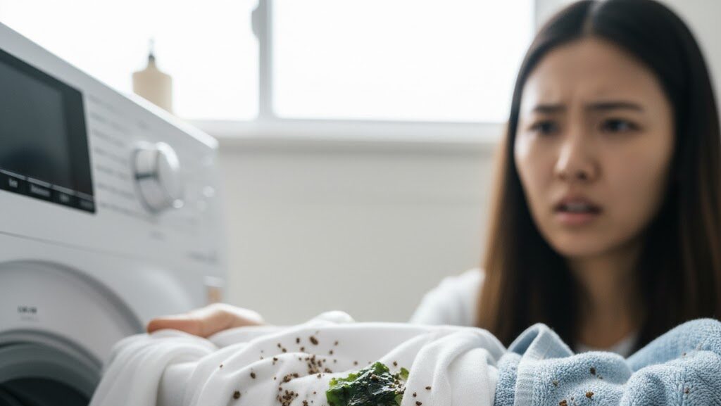 洗濯物につく茶色い粒の正体は？洗濯槽の掃除方法と予防策を解説