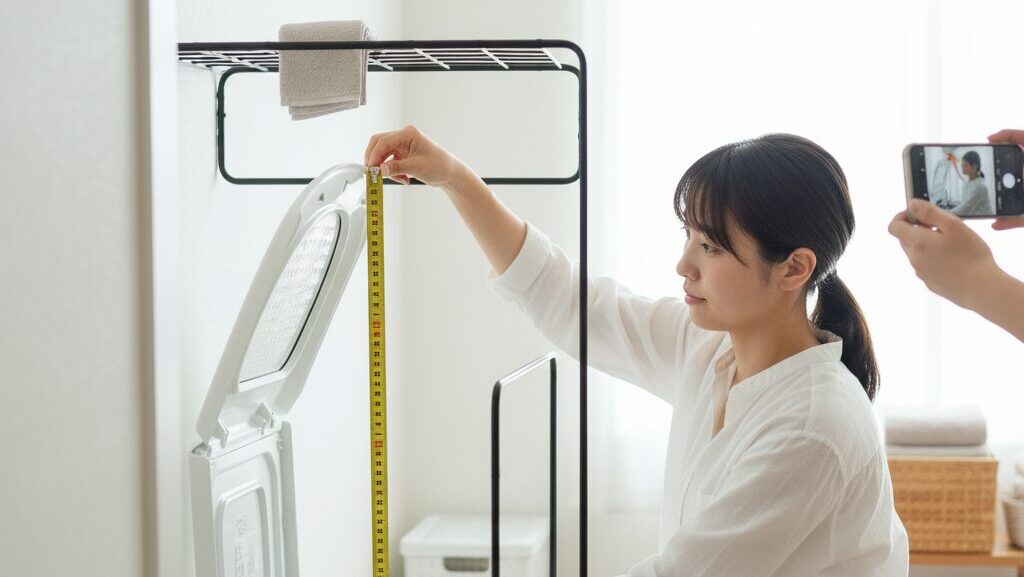洗濯機の蓋を全開にし、高さと奥行きを正確に採寸し記録する日本人女性