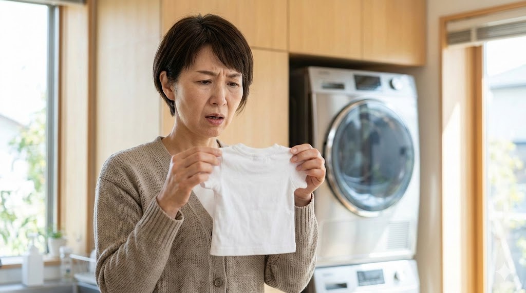 乾燥機で縮んでしまったTシャツを持って驚く日本人女性