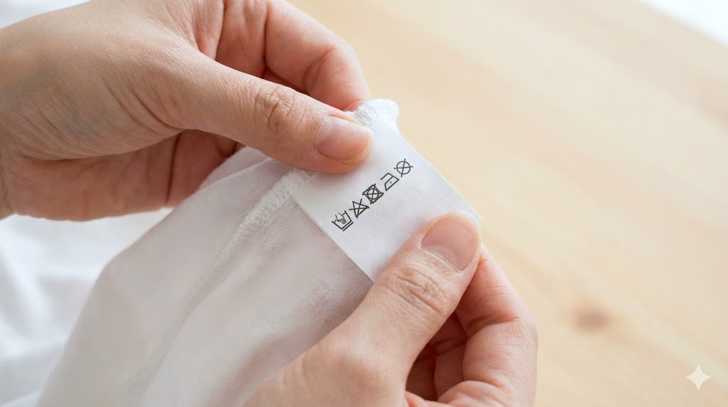 Tシャツの裏側にある洗濯表示タグを確認している手元
