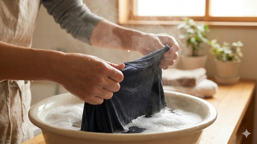 トリートメント液に浸けたTシャツを優しく手で伸ばしてサイズを戻している様子