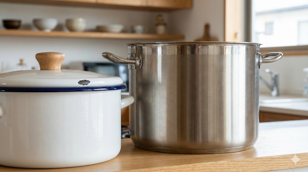 煮沸洗いに適したステンレス製の鍋と白いホーロー製の鍋
