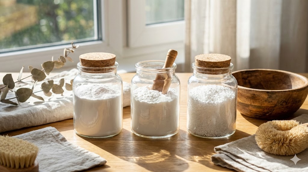 洗濯の煮沸に使用する重曹、粉石けん、酸素系漂白剤の粉末