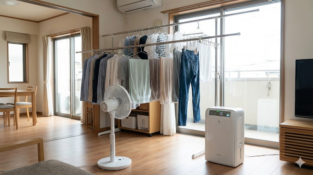 室内干しの洗濯物にサーキュレーターで風を当て、除湿機を併用して効率的に乾かしている様子。
