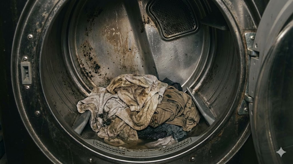 カビや汚れが付着した洗濯槽の中に、濡れた衣類が放置されている様子。