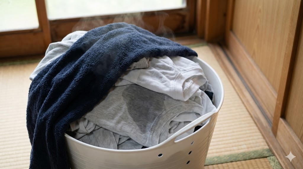 洗濯カゴの中で、濡れたバスタオルが乾いたTシャツの上に置かれ、湿気が移っている様子。