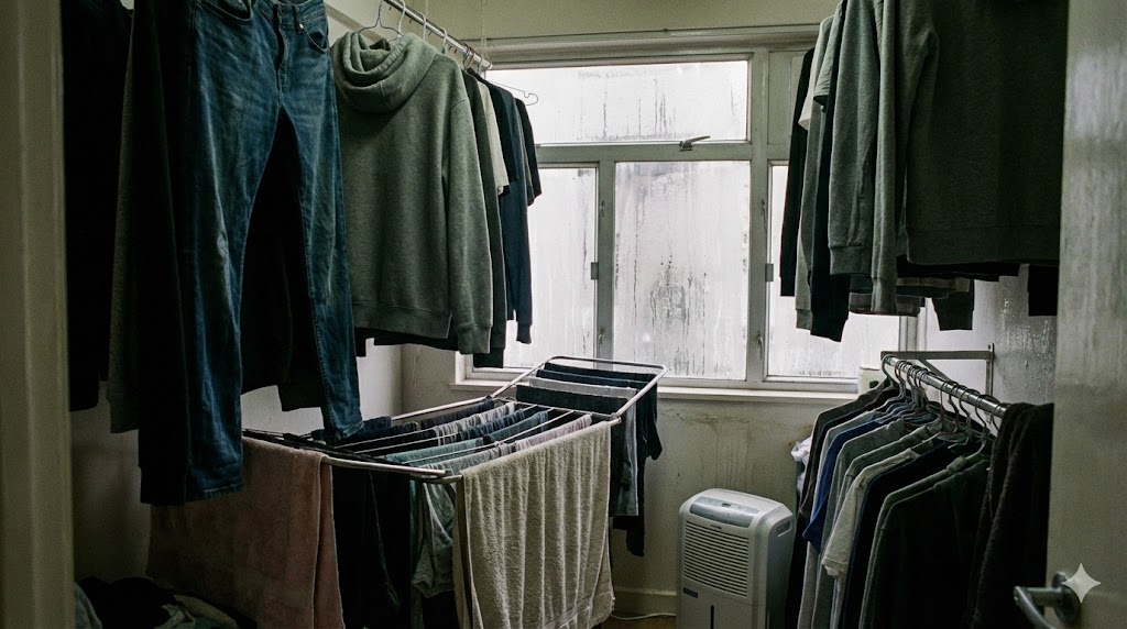 風通しの悪い室内で、洗濯物が隙間なく密集して干されている様子。窓には結露がついている。