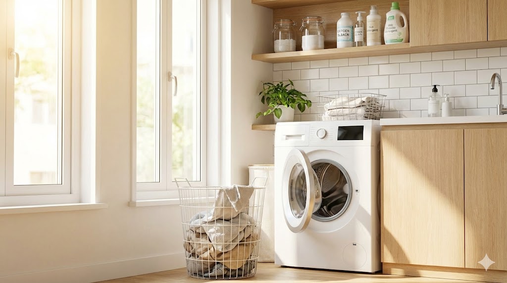 日差しが差し込む清潔で整理されたランドリースペース。通気性の良いワイヤーバスケットが置かれている。
