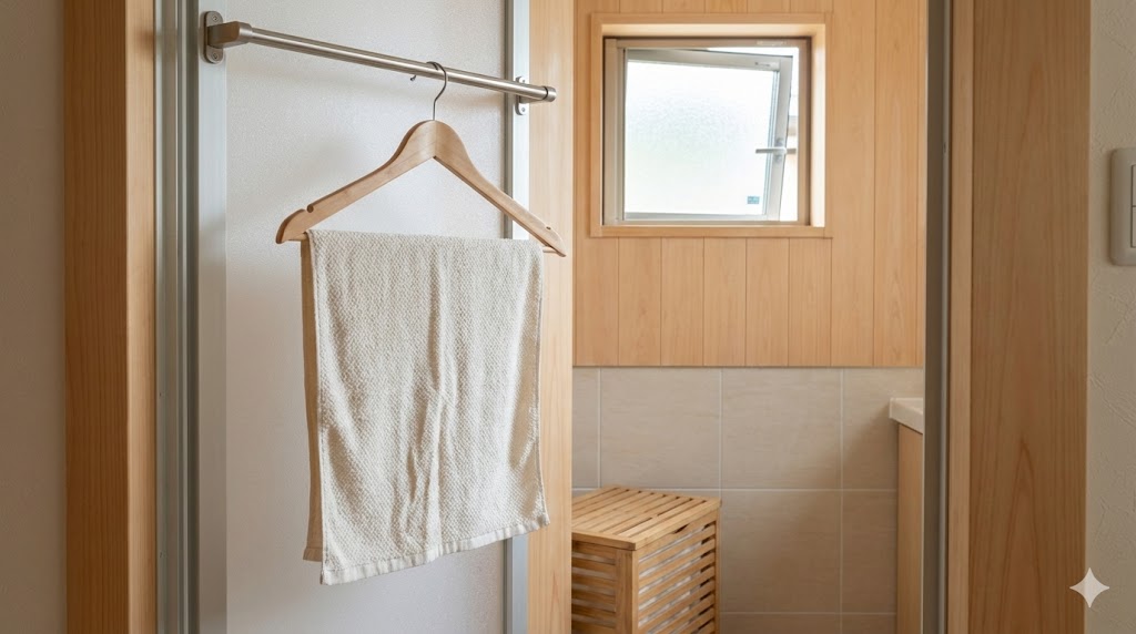 使用後の濡れたバスタオルが、洗濯カゴに入れる前にハンガーにかけて一時的に干されている様子。