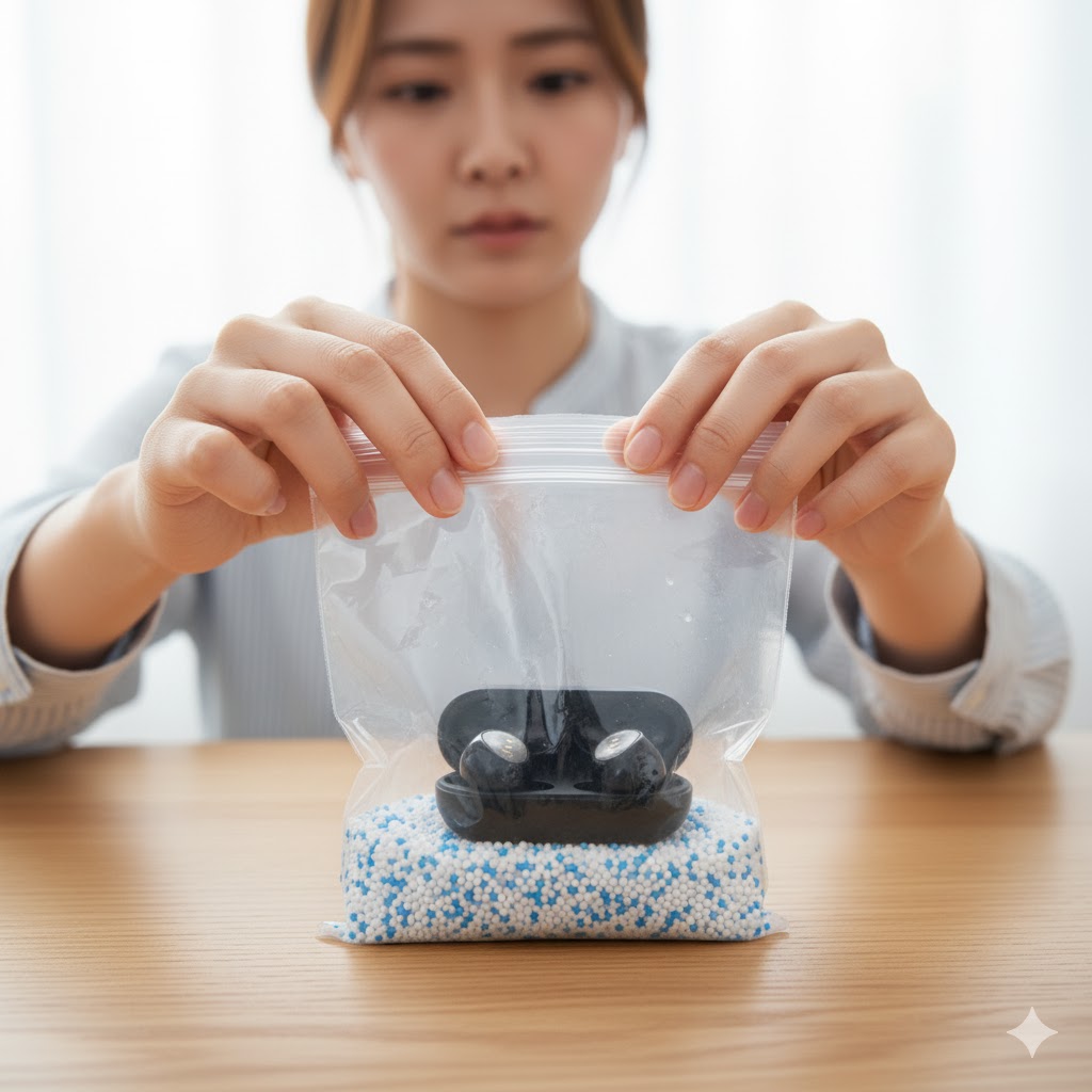 分解したイヤホンを、乾燥剤（シリカゲル）と一緒に密閉できる袋に入れて、安全に乾燥させている様子。