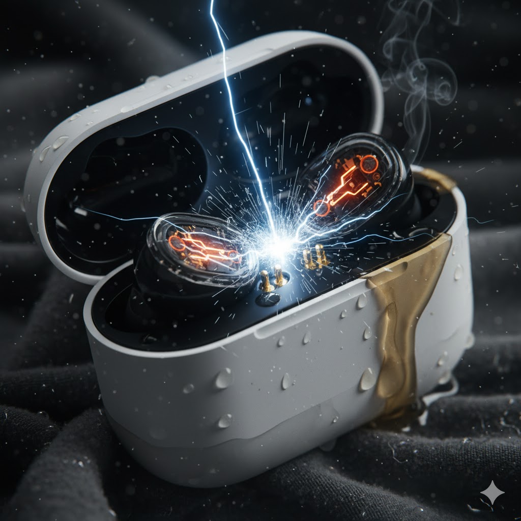 濡れたワイヤレスイヤホンを充電しようとして、ショートし火花が散っている危険な状態。