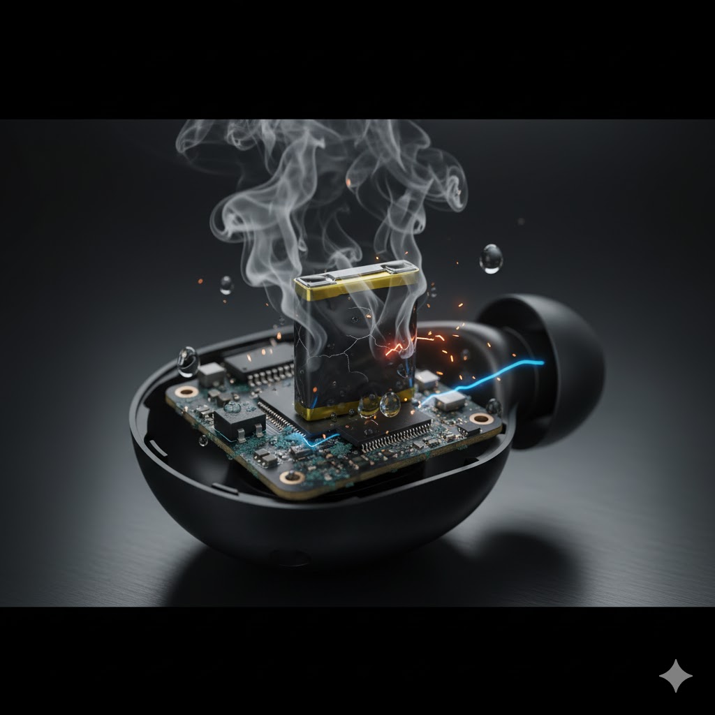 水が浸入し、内部のリチウムイオンバッテリーが膨張して危険な状態になっているワイヤレスイヤホンの断面図。