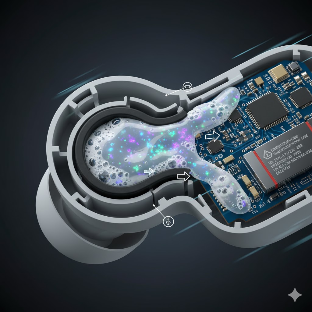 防水イヤホンのゴムパッキンの隙間を、洗剤の成分が通り抜けて内部に浸透していく様子を示した図。