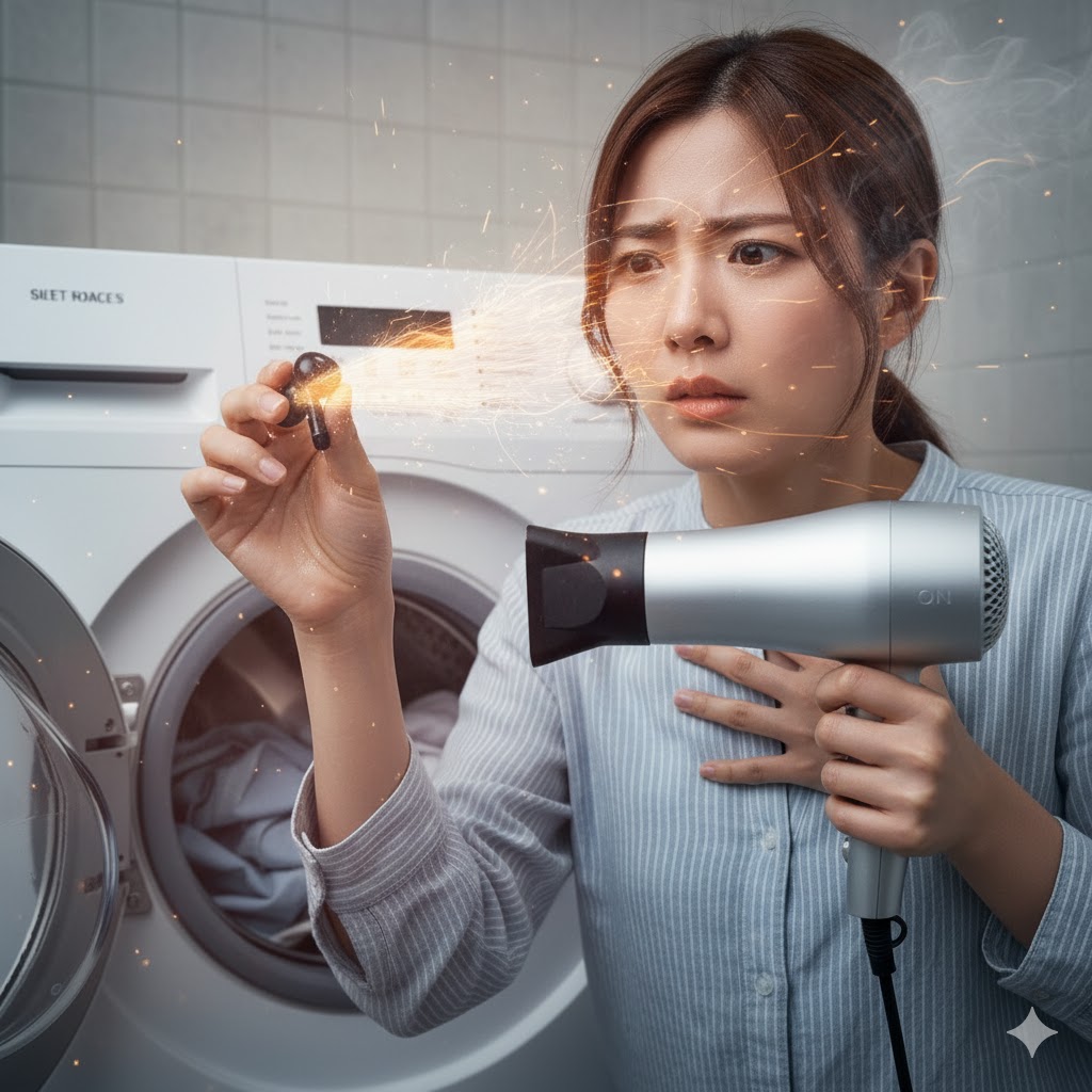 洗濯したイヤホンにドライヤーの熱風を当てて乾かそうとする、危険なNG行動。