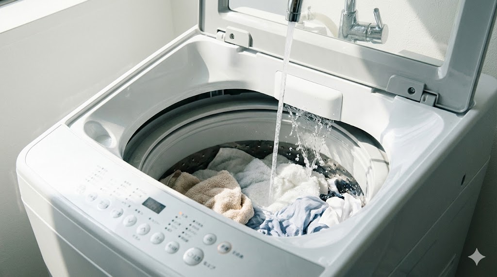 縦型洗濯機の槽内に勢いよく水が注がれている様子