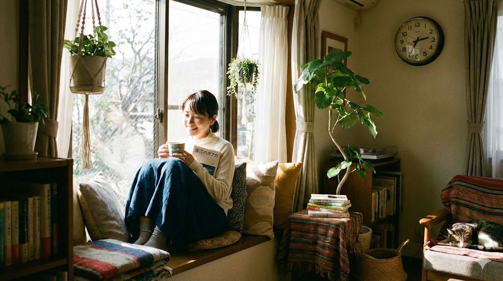 家事の合間にコーヒーを飲みながらリラックスした時間を過ごす日本人女性