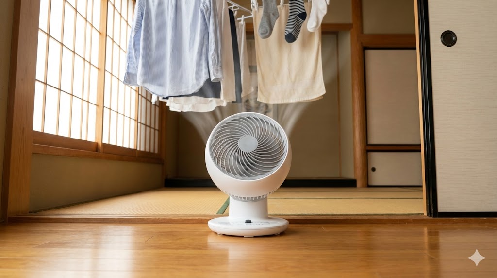 洗濯物の真下に置いたサーキュレーターが真上に向かって風を送っている様子