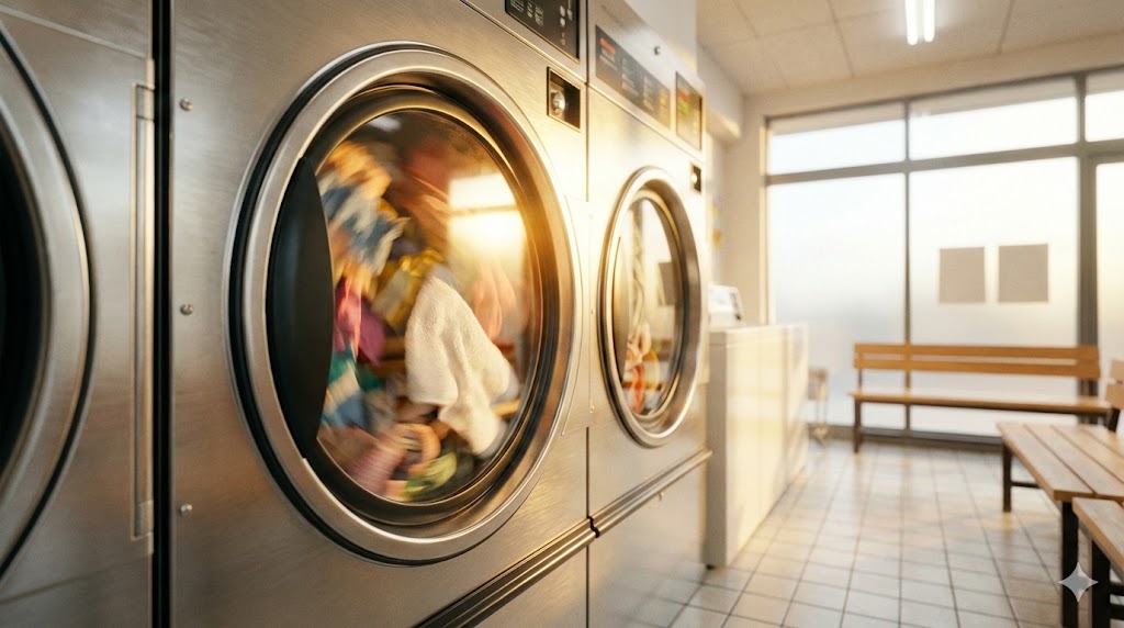 コインランドリーの大型ガス乾燥機で洗濯物が勢いよく乾かされている様子