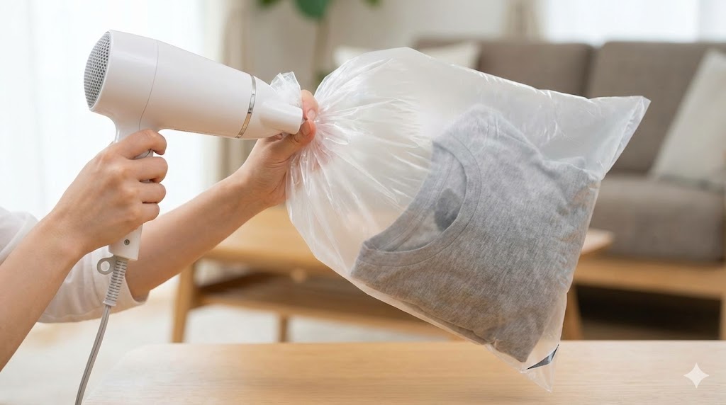 ドライヤーとビニール袋を使って濡れたTシャツを急速乾燥させている手元の様子