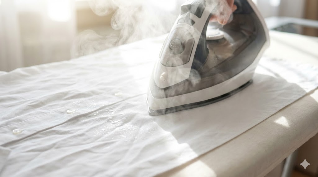 湿ったワイシャツにアイロンをかけて蒸気が上がり、水分を飛ばしている様子