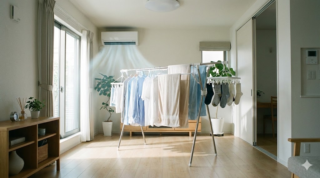 エアコンの風が当たる位置に設置された清潔な部屋干しスペース
