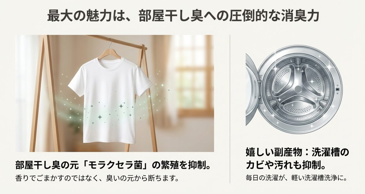 マグネシウム洗濯による部屋干し臭抑制と洗濯槽のカビ汚れ抑制のメリット
