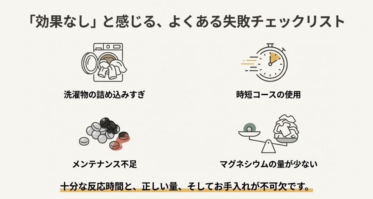 マグネシウム洗濯で効果が感じられない時の失敗原因チェックリスト（詰め込みすぎ・時短コース・メンテナンス不足）