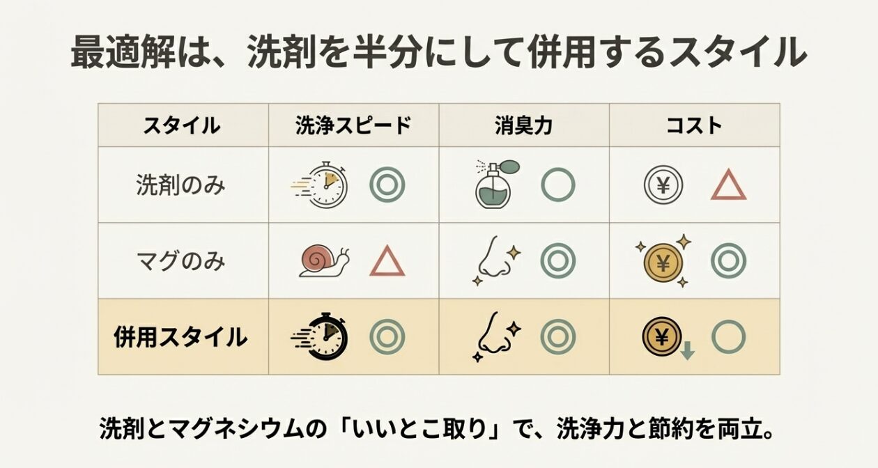洗剤のみ・マグネシウムのみ・併用スタイルの洗浄力・消臭力・コスト比較表