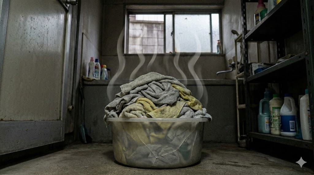 オキシ漬けに失敗し、生乾きの嫌な臭いを放っている湿ったタオルの山