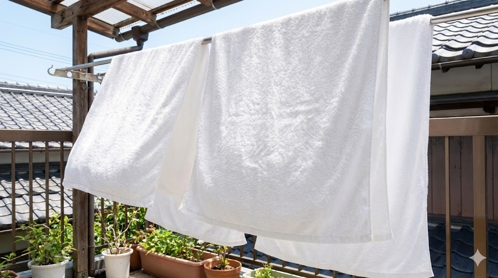 正しいオキシ漬けと乾燥によって、真っ白でふわふわに仕上がった清潔なタオル