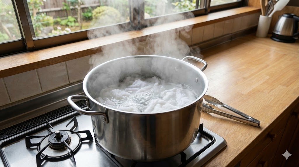 頑固な臭いを落とすため、ステンレス鍋でタオルを煮沸消毒（煮洗い）している様子