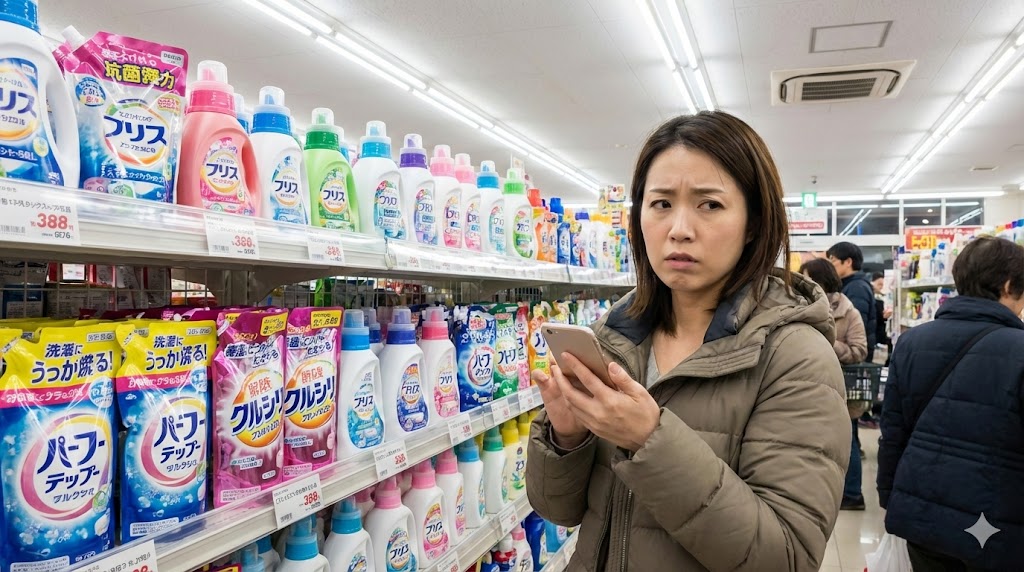 ドラッグストアの洗剤売り場でリモサボンを探しているが見つからない女性