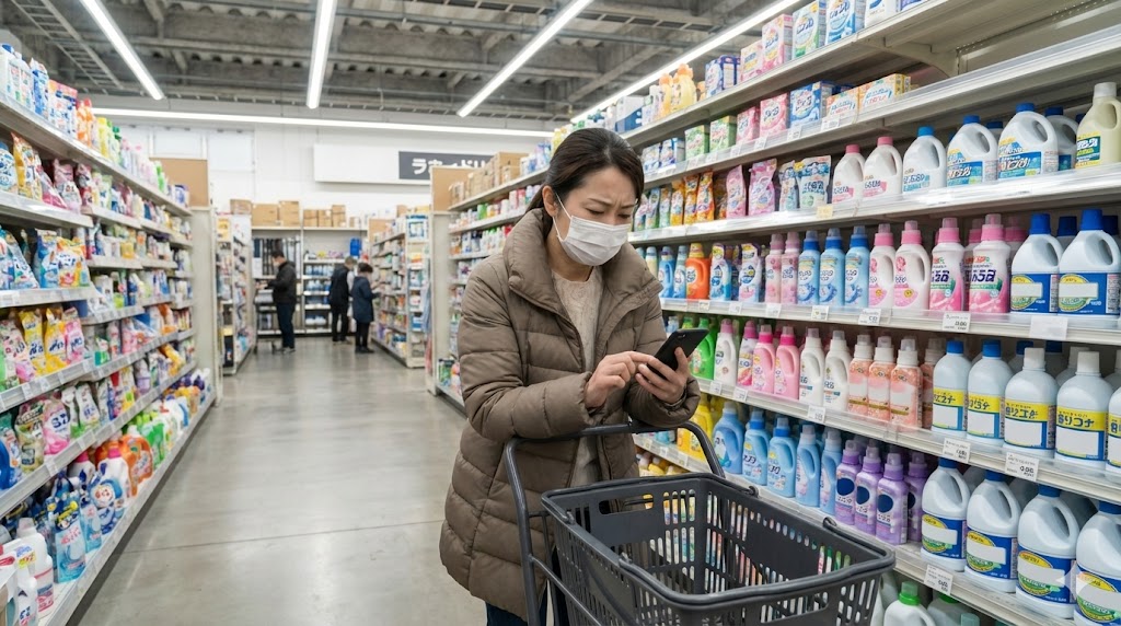 ホームセンターの広い洗剤コーナーでもお目当ての商品が見つからない様子