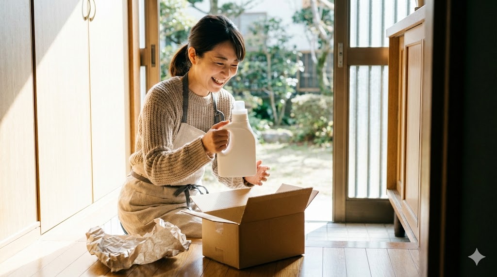 通販で購入した洗剤が自宅に届き、箱を開封して喜ぶ様子