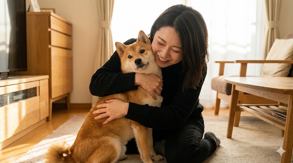 抜け毛のない清潔な服を着て愛犬を笑顔で抱きしめる飼い主