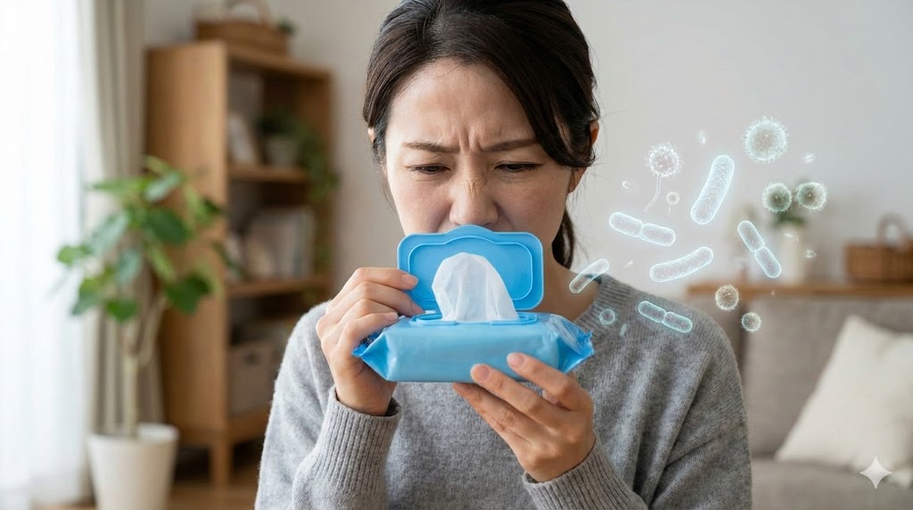 ウェットティッシュの臭いを嗅いで顔をしかめる日本人女性と雑菌のイメージイラスト