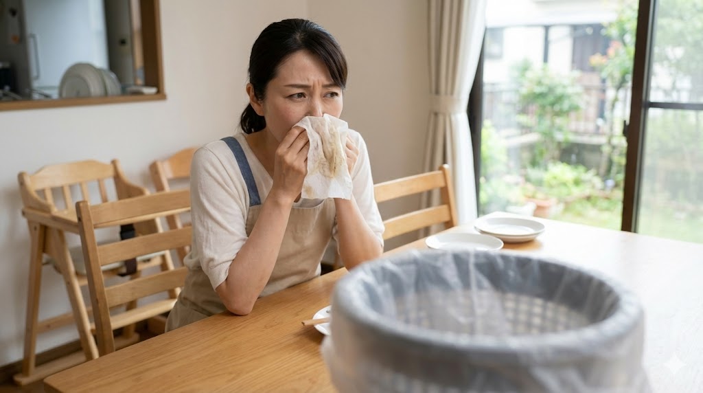 臭いのするウェットティッシュでテーブルを拭くのをためらいゴミ箱を見つめる女性