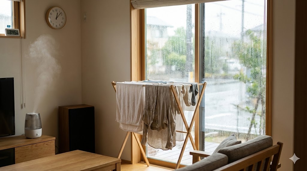 雨の日のリビングで部屋干しされている洗濯物と湿度の高い窓辺