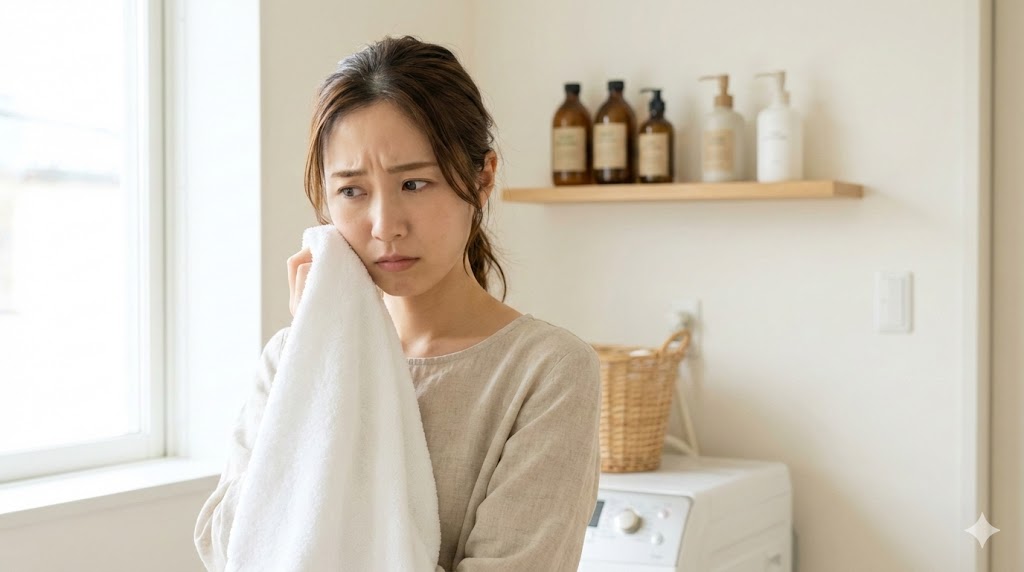 洗濯したタオルの臭いを嗅いで不思議そうな顔をする日本人女性と棚に並ぶ自然派洗剤