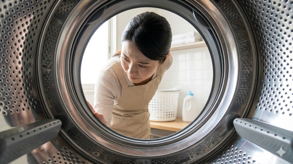 洗濯槽の中を覗き込んでカビや汚れがないかチェックしている様子