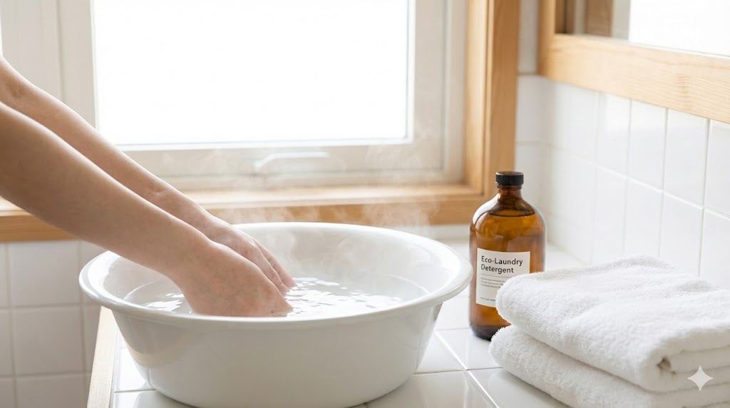 洗面器に張った40度のお湯から湯気が立っている様子と洗濯の準備