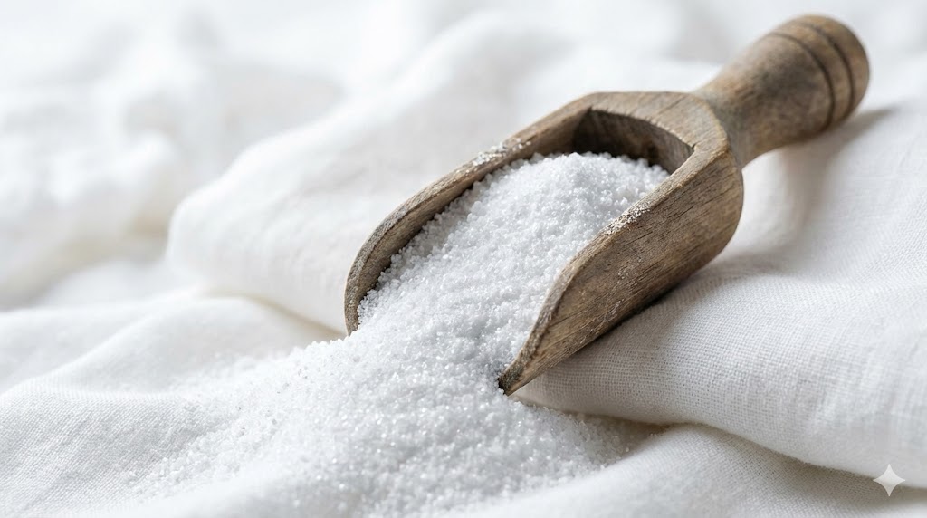 洗濯物に酸素系漂白剤の粉末をスプーンで入れているアップ画像