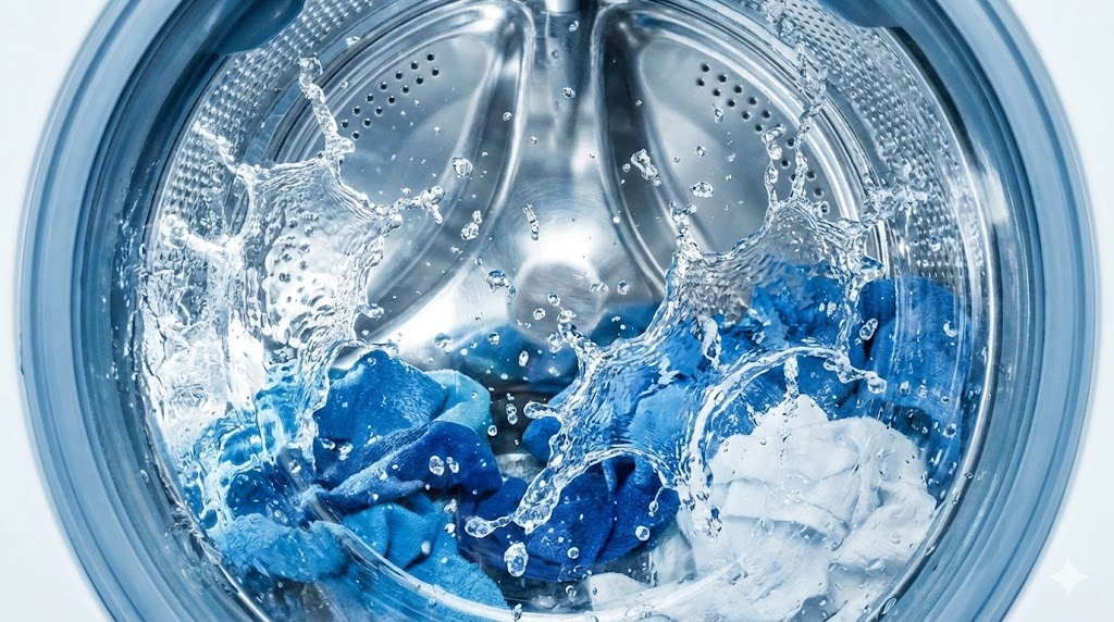 洗濯機のドラム内で透明な水が激しく回っているすすぎ工程の様子