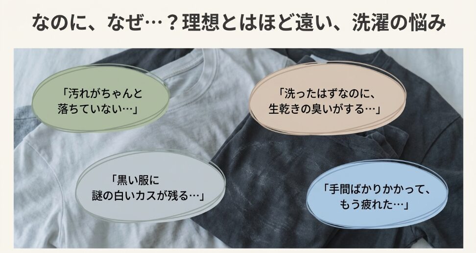 汚れが落ちない、生乾き臭、白いカス、手間がかかるなどセスキ洗濯の悩みを示すスライド
