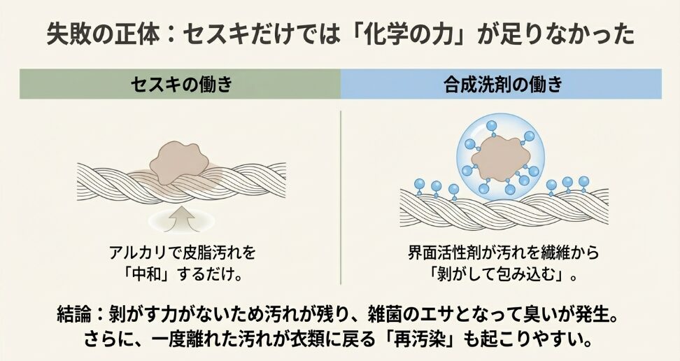 セスキの中和作用と合成洗剤の界面活性剤による洗浄メカニズムを比較した図解スライド