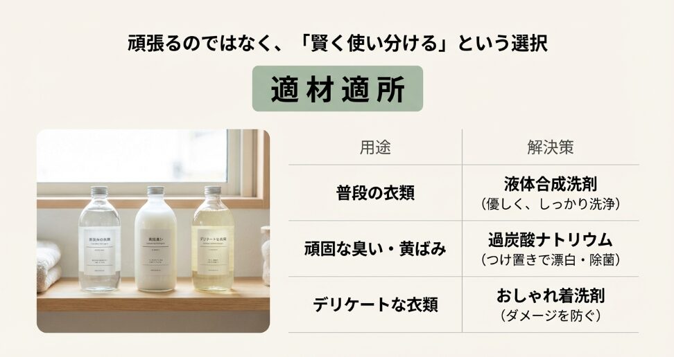 普段の衣類は液体洗剤、臭いには過炭酸ナトリウムなど洗剤を使い分ける解決策の表